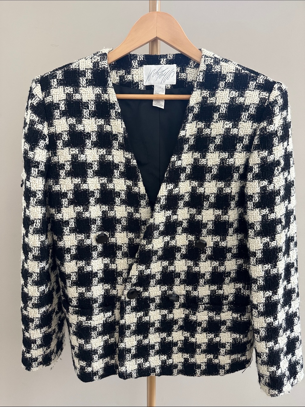 Vintage Lord & Taylor Houndstooth Tweed Blazer 80s Black White Size 12